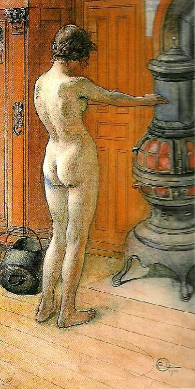 Carl Larsson leontine staende , naken rygg- naken flicka framfor kamin- framfor kaminen Sweden oil painting art